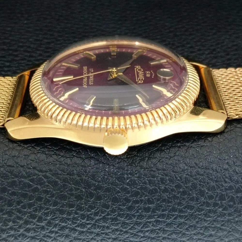 Vintage 1971 Roamer Manual Mens Gold Watch W/Metal Strap & Red accents